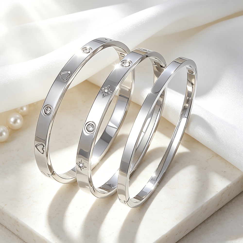 3pc Stainless Steel Stackable Bangle Set with Heart & Star